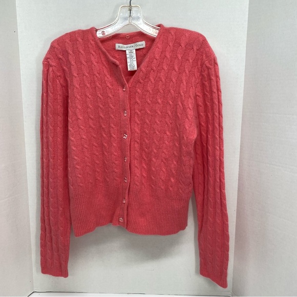 Ballinger Gold Button Up Cable Knit Cardigan M Coral Lambswool Angora Nylon FLAW - Picture 2 of 13